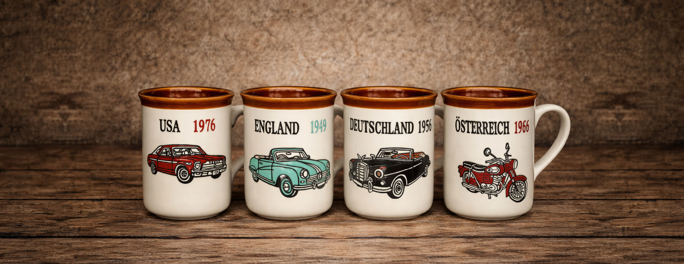 Die neuen Oldtimer-Häferl: USA, England, Deutschland und Österreich.