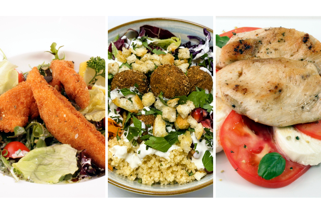 Backhendlsalat, Salat-Bowl und Hendlfilets Caprese